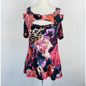 Venus Size Large Mixed Print Cutout Cold Shoulder Blouse Top Floral Animal